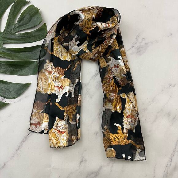 Vintage Y2k Cat Print Scarf Black Tan Cartoon Kittens Semi Sheer Stripe Animals - Picture 1 of 4